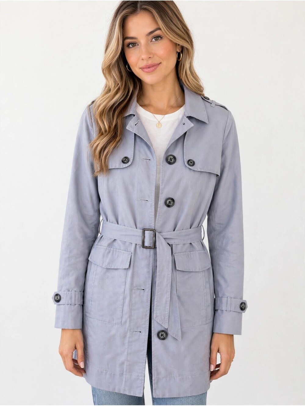 Cabi Women's Periwinkle Trench Coat Jacket S Linen Cotton Belted Pockets